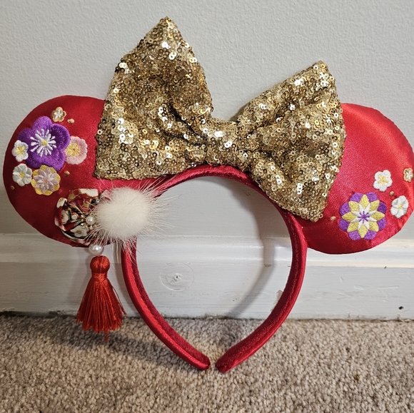 Disney Mickey Mouse Ears Red Chinese New Year floral ears with a tassel-Red/Gold - Picture 3 of 9
